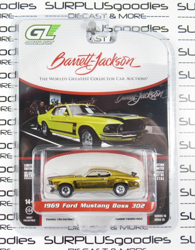 2025 Greenlight 1:64 Barrett-Jackson R15: 1969 FORD MUSTANG BOSS 302 Gold Chrome - Image 2 of 4