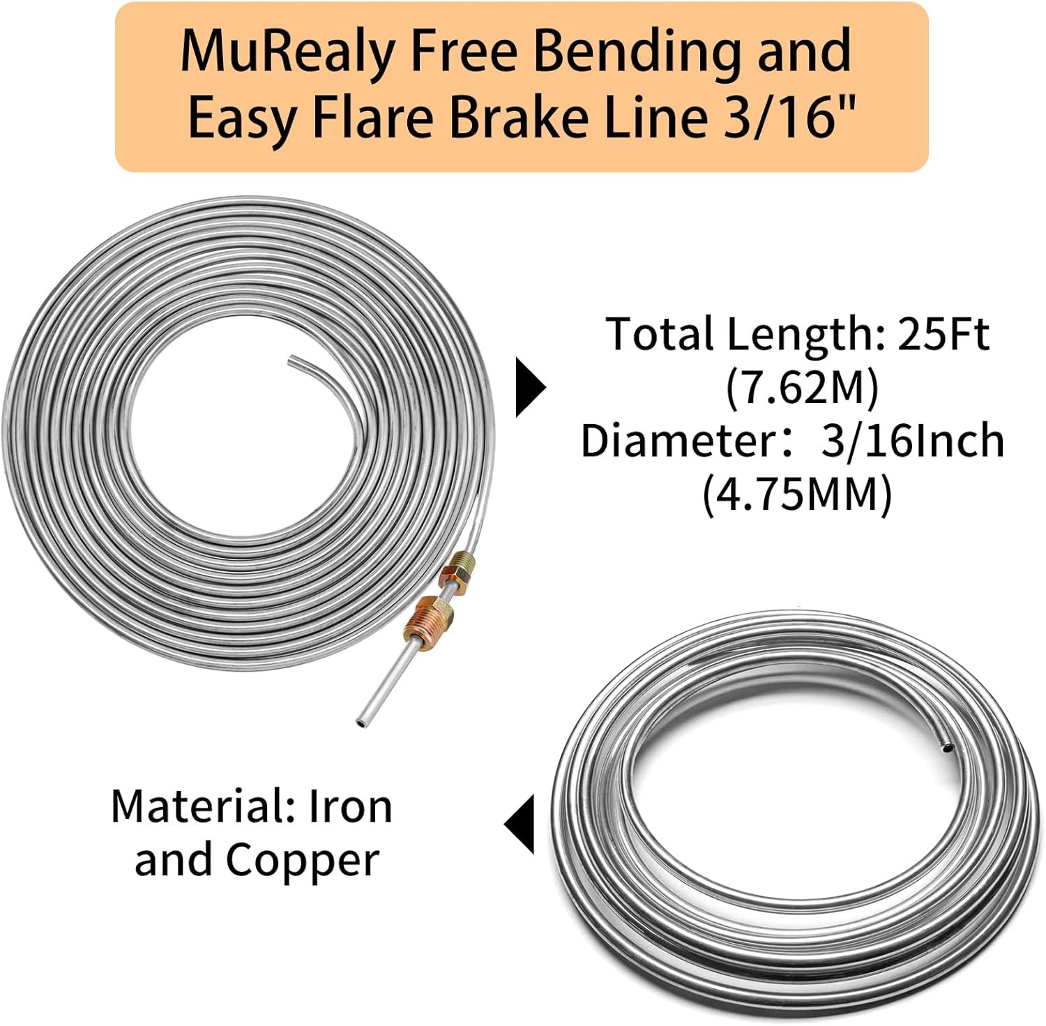 3/16" Brake Line Repair Kit - 25 Feet Zinc Plated Rust-Proof Silver+Tool 