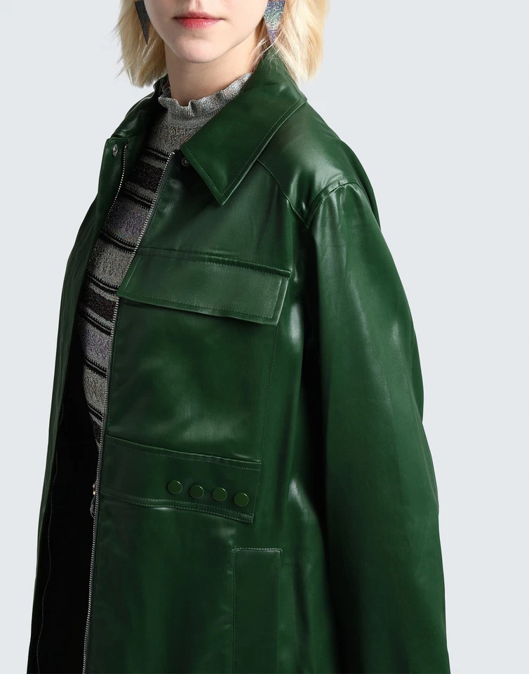 RRP €1114 3.1 PHILLIP LIM Coated Topcoat Size M Green Stretch Full Zip Collared - Image 3 of 4