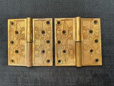 Pair Vintage Art Nouveau Victorian Embossed Brass Gold Hinges