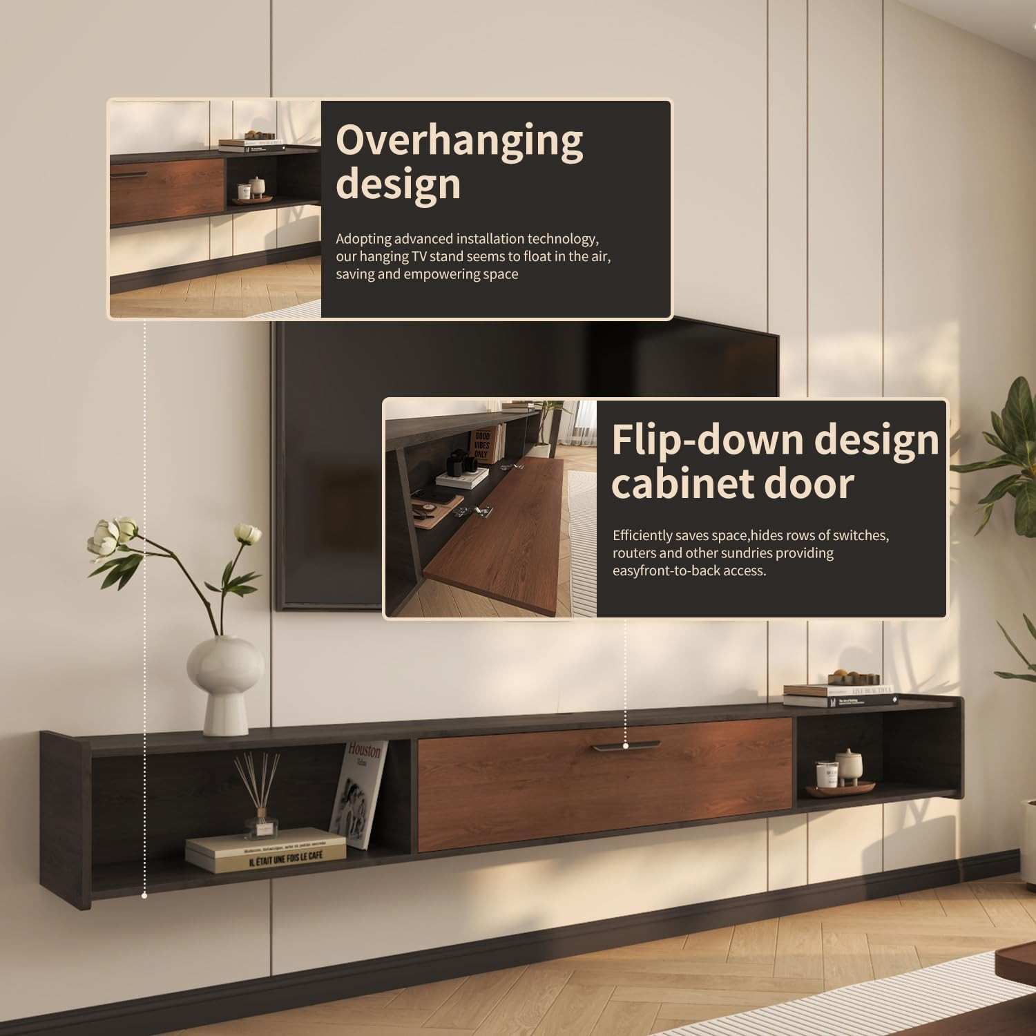 55'' Floating TV Stand & Wall Mounted Console - Walnut Under TV Shelf