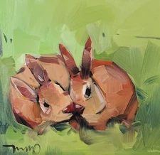 Quirky Bunnies Animal Art PRINT Colorful Painting By Artist Jose Trujillo 16x16"