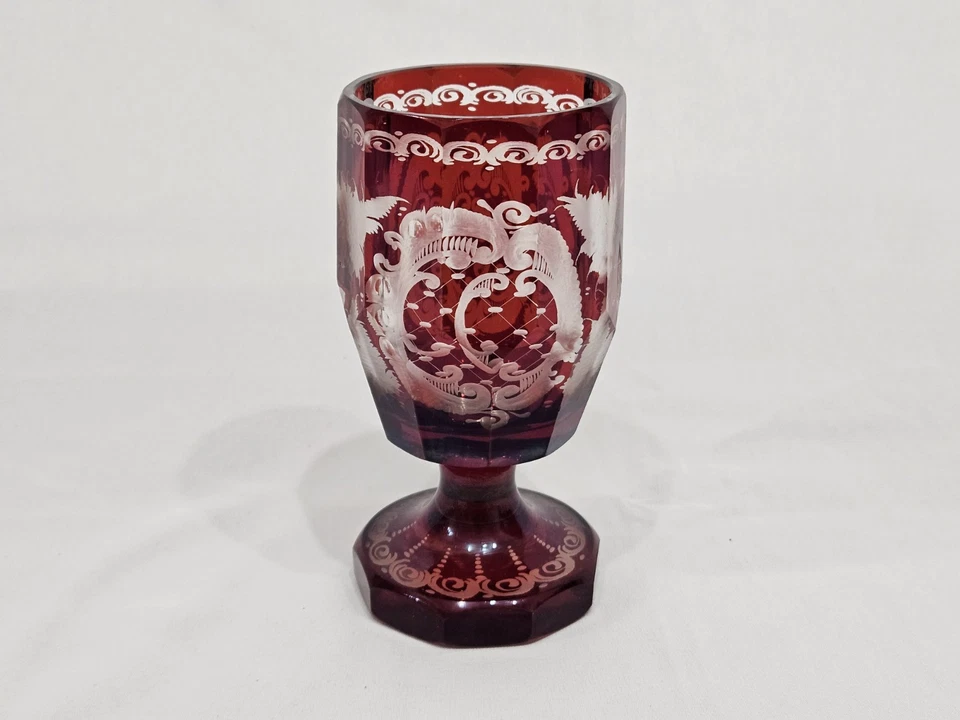 Set of 3 Vintage Crystal Ruby Red Cut to Clear Cups - Czech Bohemian Glassware  - Image 3 of 4