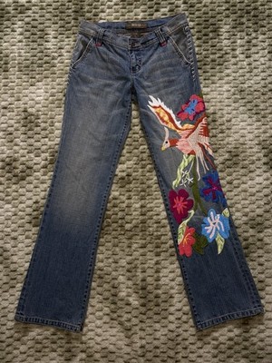 VTG Embroidered Floral Bird Low Rise Boot Cut Jeans Switch USA 28