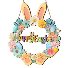 Easter Wooden Wreath for Front Door Decor, 13" Happy Easter Door Sign, Bunny ...