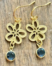 Gold Etched Sand Dollar with Blue Rhinestone Earrings. Beach. Ocean