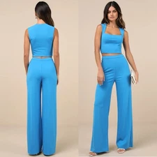 NWT Lulu’s Enticing Endeavor Bright Blue Two-Piece Jumpsuit Medium Baddie Chic