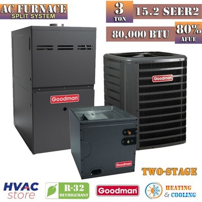 Goodman 3 Ton 15.2 SEER2 AC & Gas Furnace System 80% AFUE 80K BTU Vertical R32