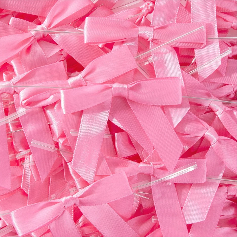 Paquete de 100 lazos de corbata torcidos de cinta de satén rosa para envolver regalos artesanías, 2,5 x 3 pulgadas Foto 4 de 4