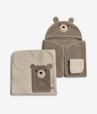 Tiny Kind Bath Time Set- 4 Piece Set - 100% Organic Cotton- Taupe Bear -0-24 Mon