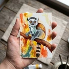 ACEO Original Art Card Lemur Animal Tree Watercolor 100% Hand Painting