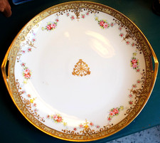 Antique HAND PAINTED NIPPON M Gold Moriage 11" CAKE PLATE W HANDLES Rose Swags