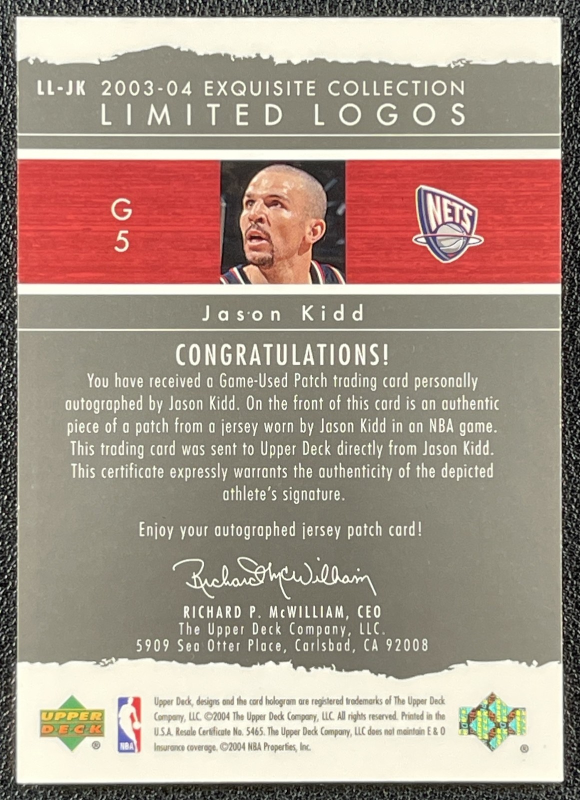 JASON KIDD 2003-04 UPPER DECK EXQUISITE COLL LIMITED LOGOS GU PATCH AUTO 9/75 view 2