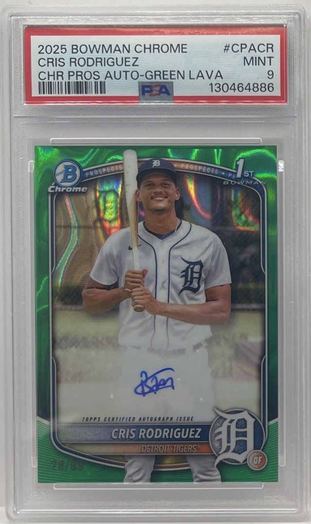 CRIS RODRIGUEZ 2025 BOWMAN CHROME 1ST AUTOGRAPH GREEN LAVA AUTO #/99 PSA 9