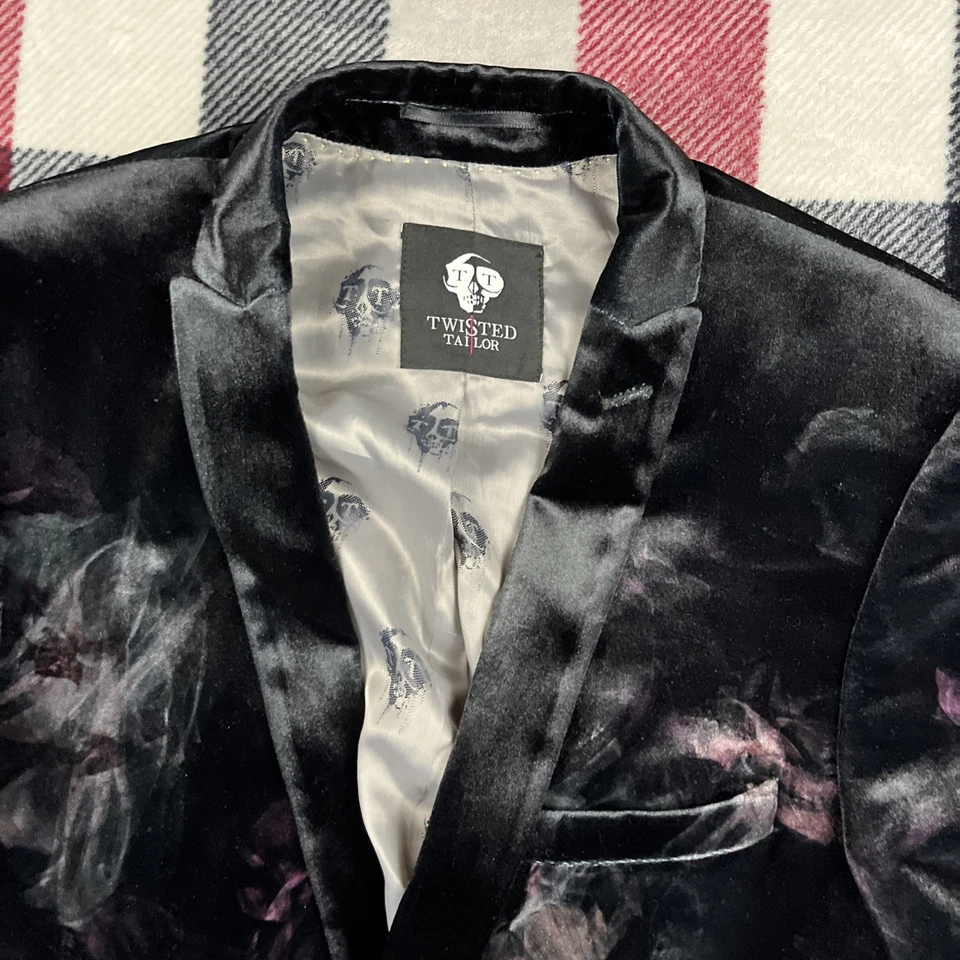 Twisted Tailor Suit Blazer Jacket Men 40R BLK Floral Skull Poly Velvet Kashmir - Image 4 of 4