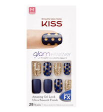 Kiss Glam Fantasy Dark Blue and Gold Polka Dot Gel Glue or Tab Press-On Nails