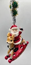 Santa Reindeer Rocking Horse Vintage Inspired Christmas 4" Tinsel Resin Ornament