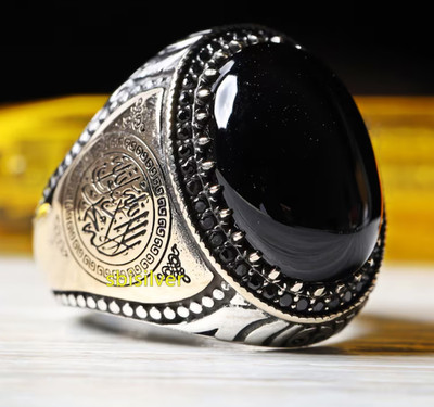 Turkish Handmade Cabochon Black Stone 925 Sterling Silver İslamic Mens Ring