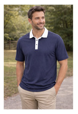 Golf Men  s Performance Polo Shirt Navy Blue White Collar Size XL   New With