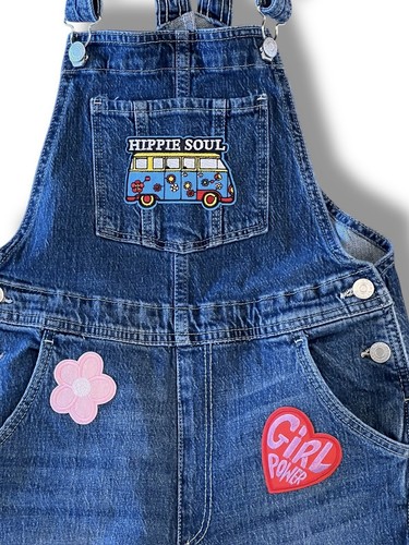 Upcycled Girls Denim HIPPIE Bib Overalls All Over Patches Distressed Stretch 10 - Picture 2 of 8