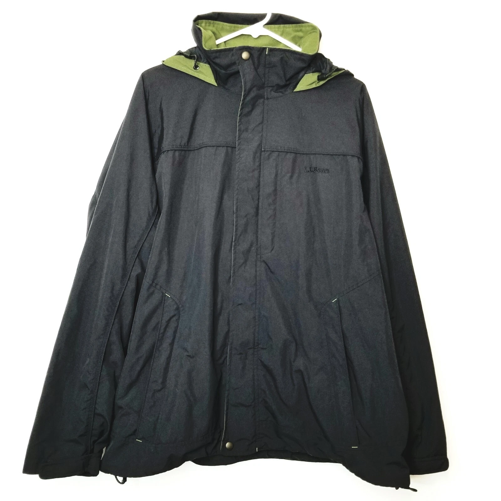 L.L. Bean Size L Windbreaker Hoodie Jacket Black Green Zip Up Mesh Lined Pockets