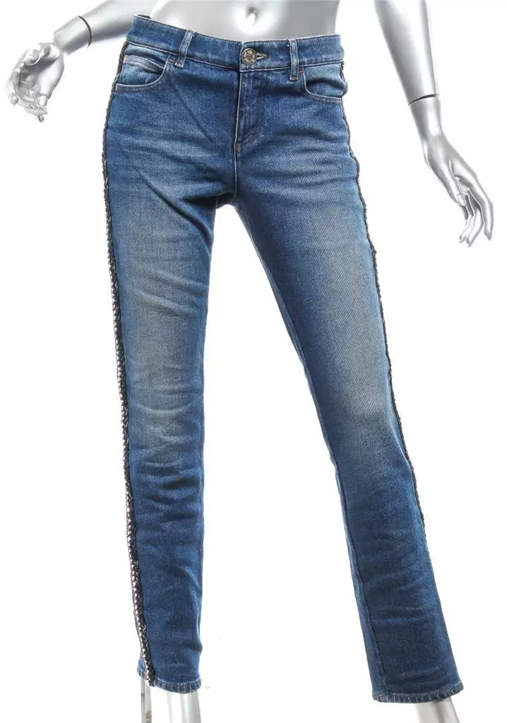CHANEL Womens Blue Denim Skinny Jeans CC Logo Pockets Side Stripes US4 FR36