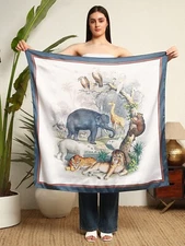 100% Mulberry Silk 40" Square Scarf Women neckerchief Wrap Animal Print White