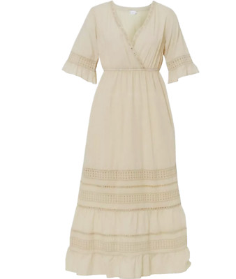 Sommer Damen Kleid Baumwolle Spitze beige Leinen Optik 36 40 42 46 48 50 neu 077