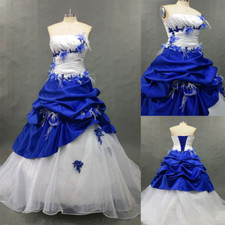 Royal Blue White Vintage Wedding Dresses Ruffles Gown Satin Lace Applique Custom