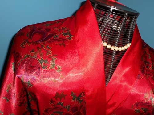 22/24 Robe Glossy Red Satin Kimono Art Nouveau Solange NOS - Picture 3 of 8