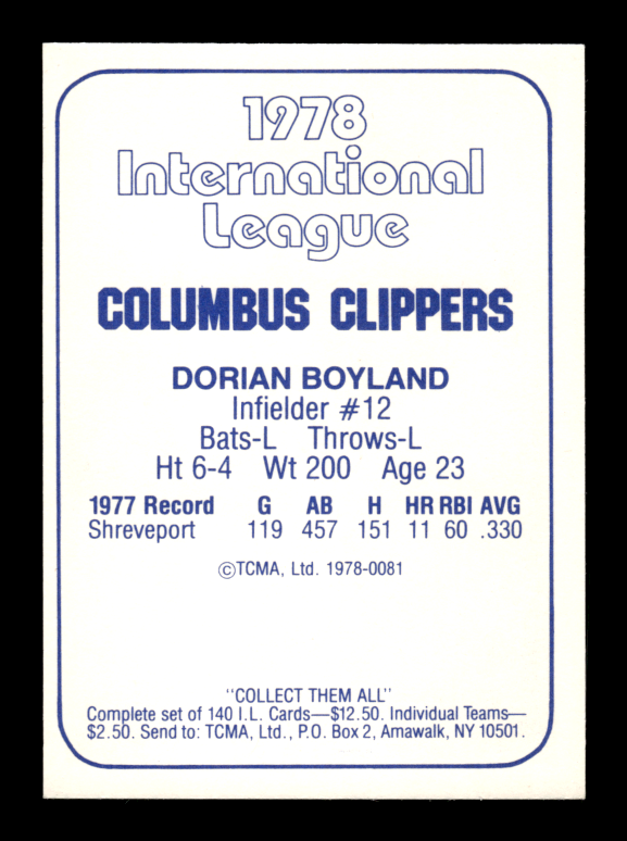 1978 TCMA # 0081 Dorian Boyland Card (ML2) Columbus Clippers