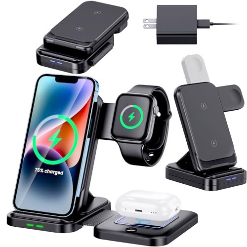 Wireless Charging Station, 3 in 1 Wireless Charger Stand, Foldable Wireless C...