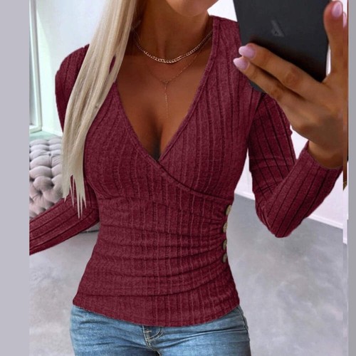 Fashion Fall Winter Deep V Slimming T-shirt for Women Long Sleeves Knitting Butt - Picture 57 of 59