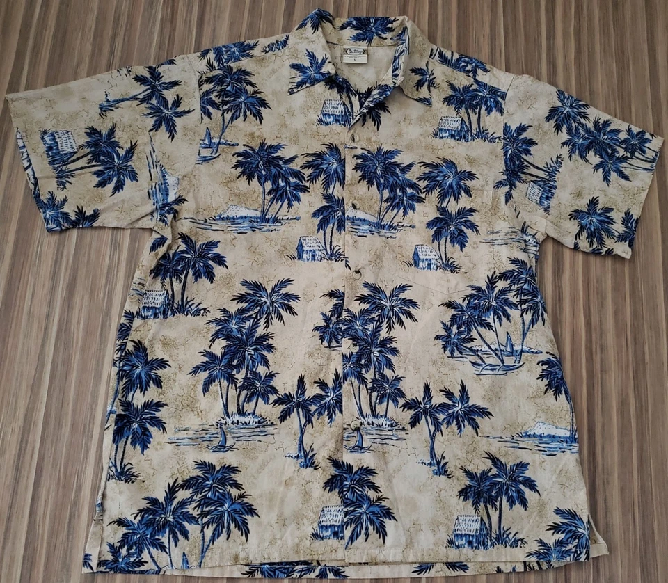 Camisa Tropical Hawaiana Para Hombre GO BAREFOOT Hawaiana Grande Azul Amarillo Playa L Y2K Foto 2 de 3