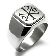 Stainless Steel Chi Rho Alpha Omega Symbol Mens Square Biker Style Signet Ring