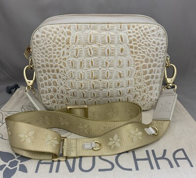Anuschka Twin Top Messenger 704-CRC-CGL Croc Embossed Cream Gold
