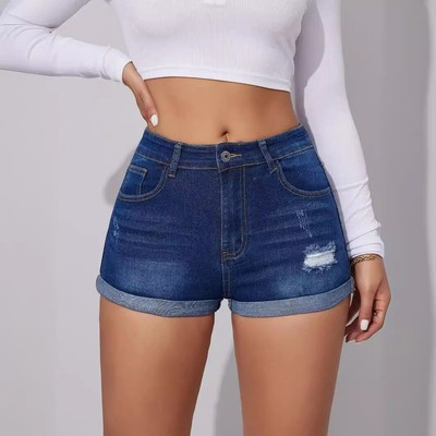 Sommer Neu Damen Used Jeansshorts mit Rollbündchen