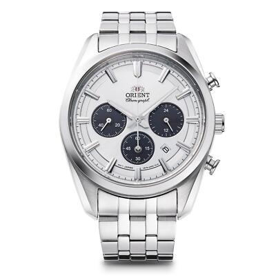 ORIENTEクロノグラフ シルバー 100m防水 Orient Stretto Solar Chronograph White Dial Steel Strap Mens Watch