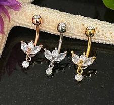 1pc Marquise CZ Gem Sprout Belly Button Ring Pierced Navel Gold Plated Naval
