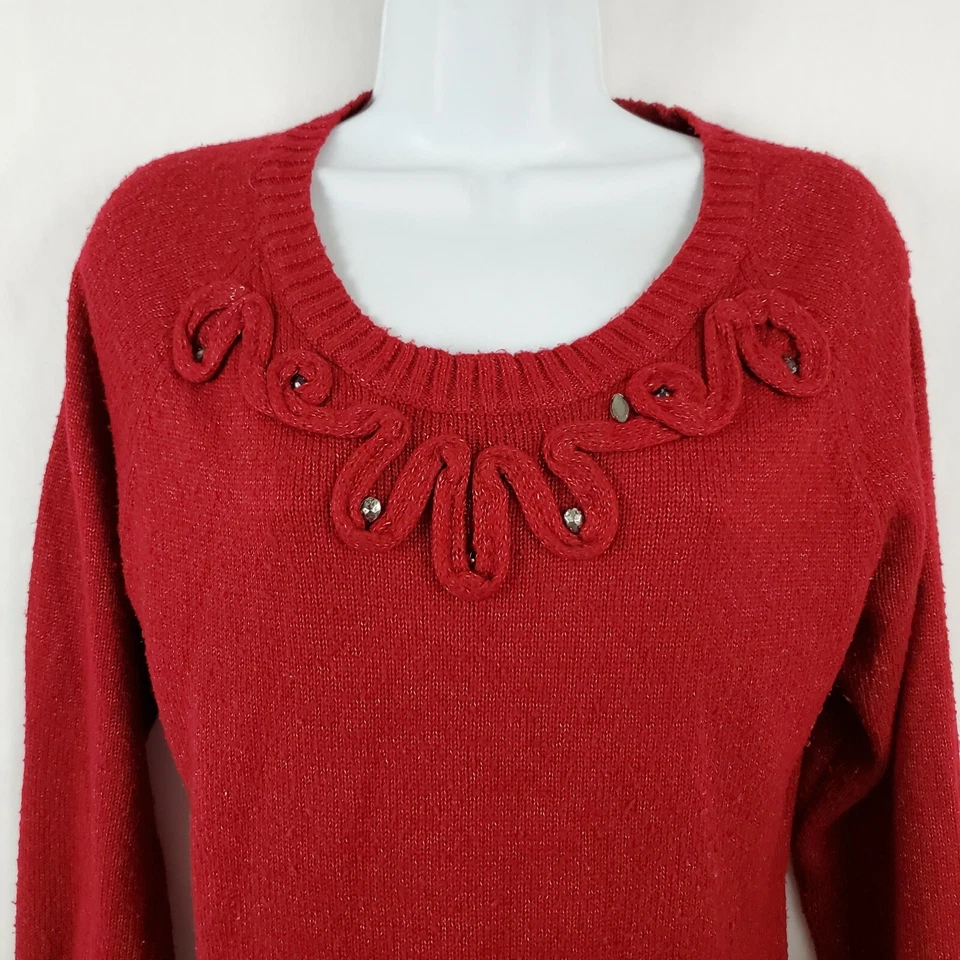 Daisy Fuentes 女式红色长袖针织假日毛衣 L 码 — 第 3/4 张图片