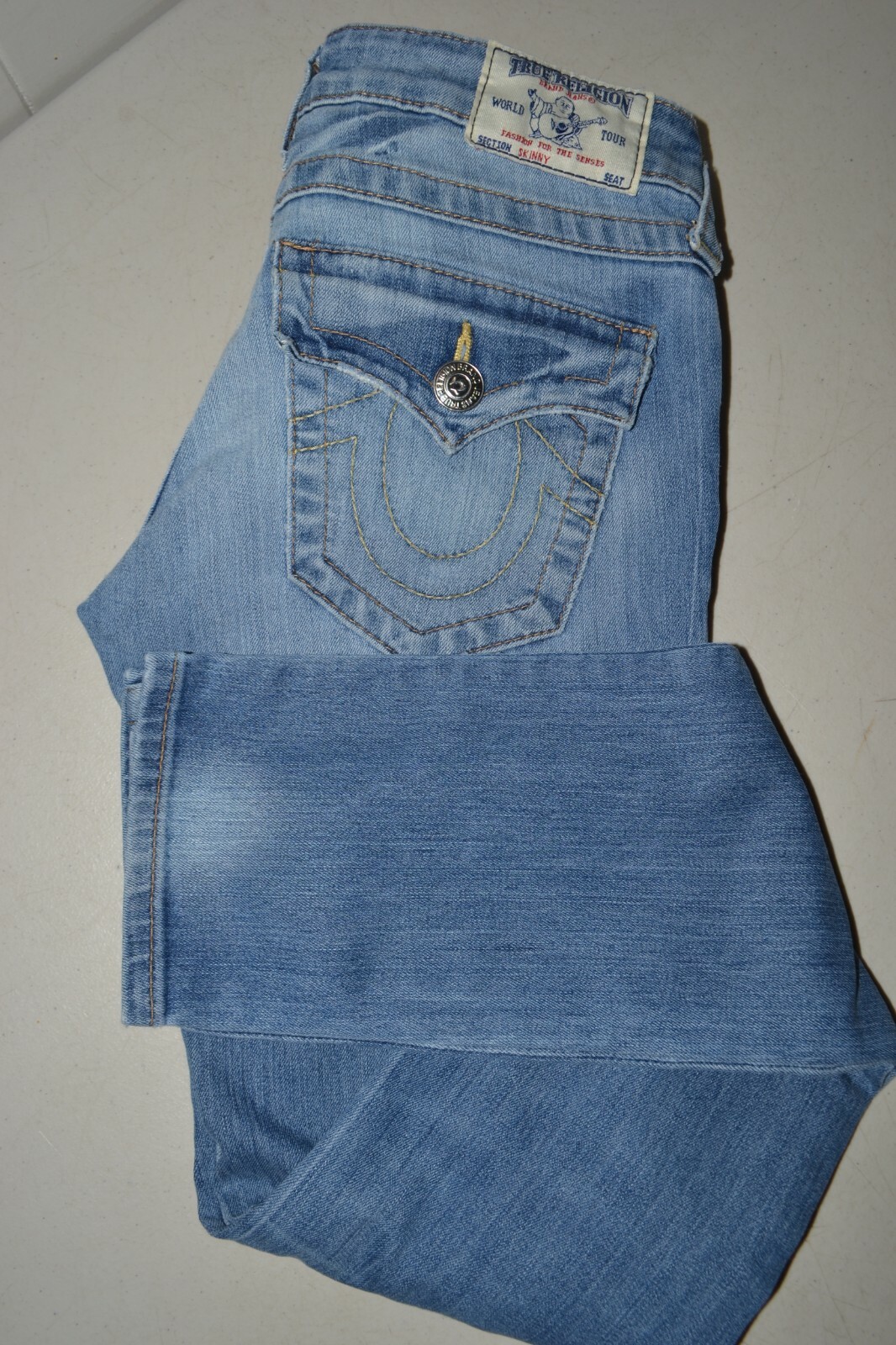 True Religion Women's Skinny Pocket Flaps Light Blue Denim Jeans Sz 25x32