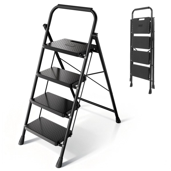 Klappleiter Klapptritt Leiter Stehleiter 4 Stufen Bis 150 Kg Mit Xxl TrittfläChe-image