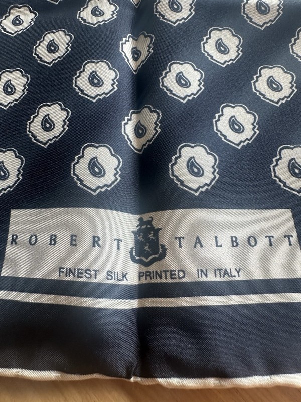 ROBERT TALBOTT SILK POCKET SQUARE, ITALY, 16', BLACK/DK.BLUE,  WHITE CLOUDS EUC