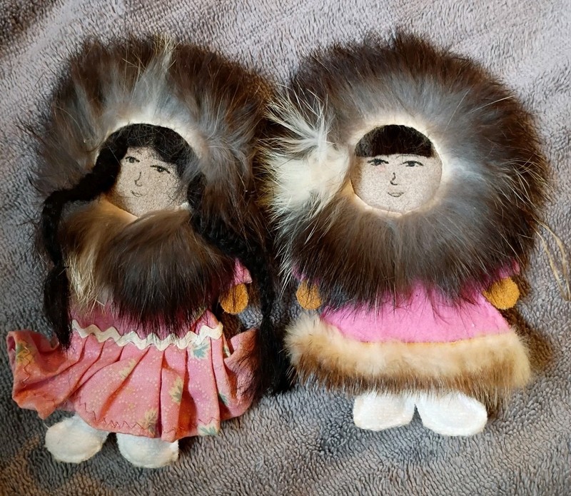 Vintage arctic felt doll ornaments lot of 2 winter christmas decor Inuit Dolls