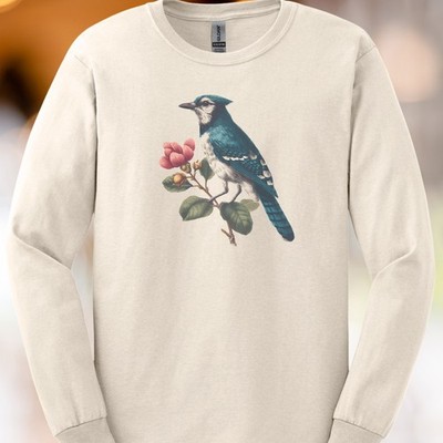 Blue Jay Bird Floral Graphic Shirt Artistic Nature Wildlife Tee