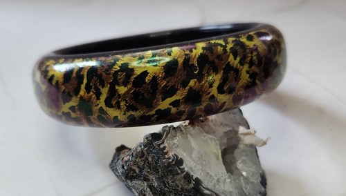 Vintage Acrylic Black And Leopard Bankle Bracelet Size 8 - Picture 7 of 9