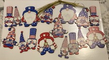 Gnome 16 4th of July Painted Patriotic Wooden Ornaments With Gold Hanging Ties