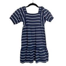 Tommy Hilfiger Girls Navy Blue White Striped Square Neck Tiered Dress Size 7 NWT
