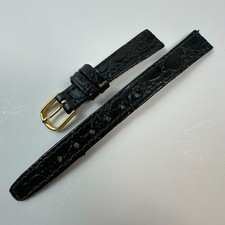 Womens Watch Bands Black 13mm Leather Crocodile Grain Two Piece Strap Gold Tone