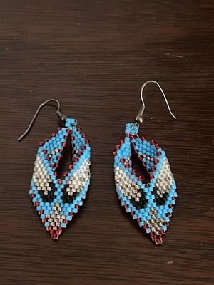 Beaded Russian Leaf Earrings Seed Bead Blue Silver Tone
